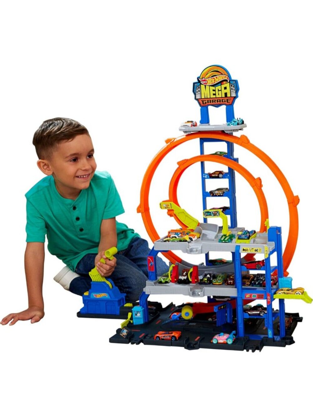 Hot Wheels Mega Loop Garage​​ Track Set with Toy Car & Helicopter